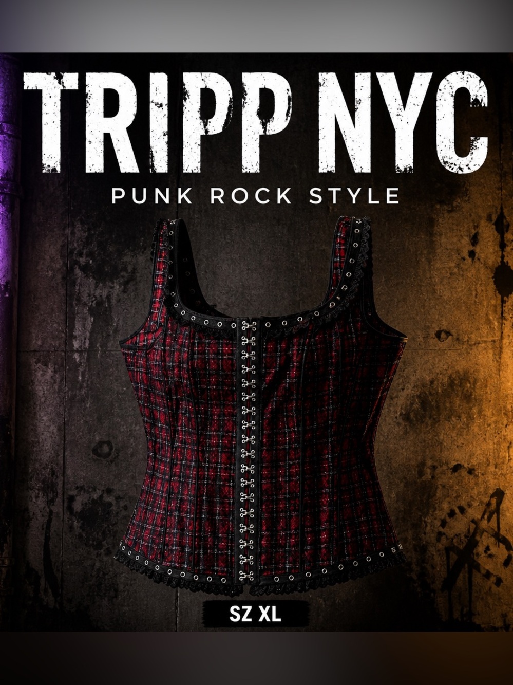 Tripp NYC Red and Black Plaid Punk Corset Tank Top XS - Small